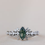 READY TO SHIP: Verbena ring in 18K white gold, natural moss agate marquise cut 8x4 mm, accents lab grown diamonds, RING SIZE: 5.5 - 8.5 US