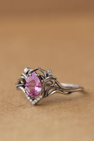 READY TO SHIP: Lida art nouveau engagement ring in 14K white gold, natural pink sapphire with natural diamonds, RING SIZE: 7.25 US