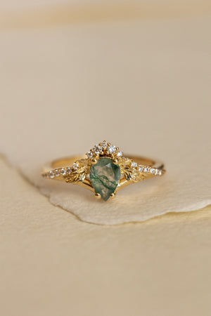 Diamond crown moss agate proposal ring / Amelia - Eden Garden Jewelry™