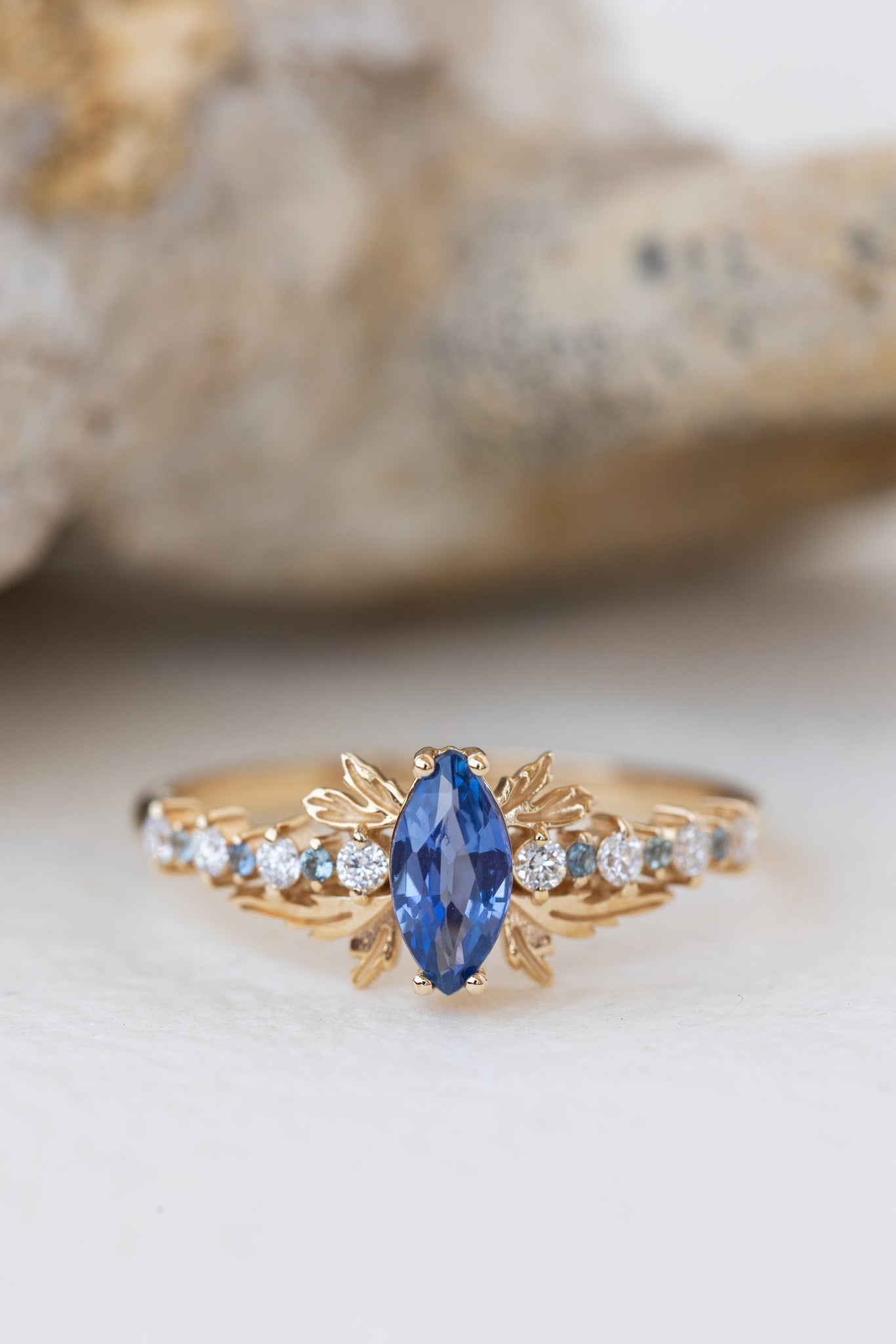 READY TO SHIP: Verbena engagement ring in 14K yellow gold with natural blue sapphire and mixed accent gems, AVAILABLE RING SIZES: 8 US