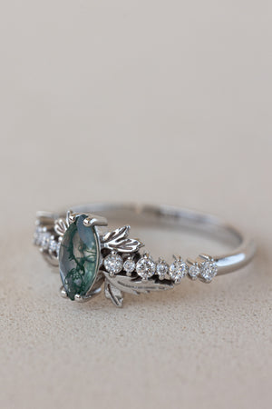 READY TO SHIP: Verbena ring in 14K or 18K white gold, natural moss agate marquise cut 8x4 mm, accents lab grown diamonds, RING SIZE: 7 US