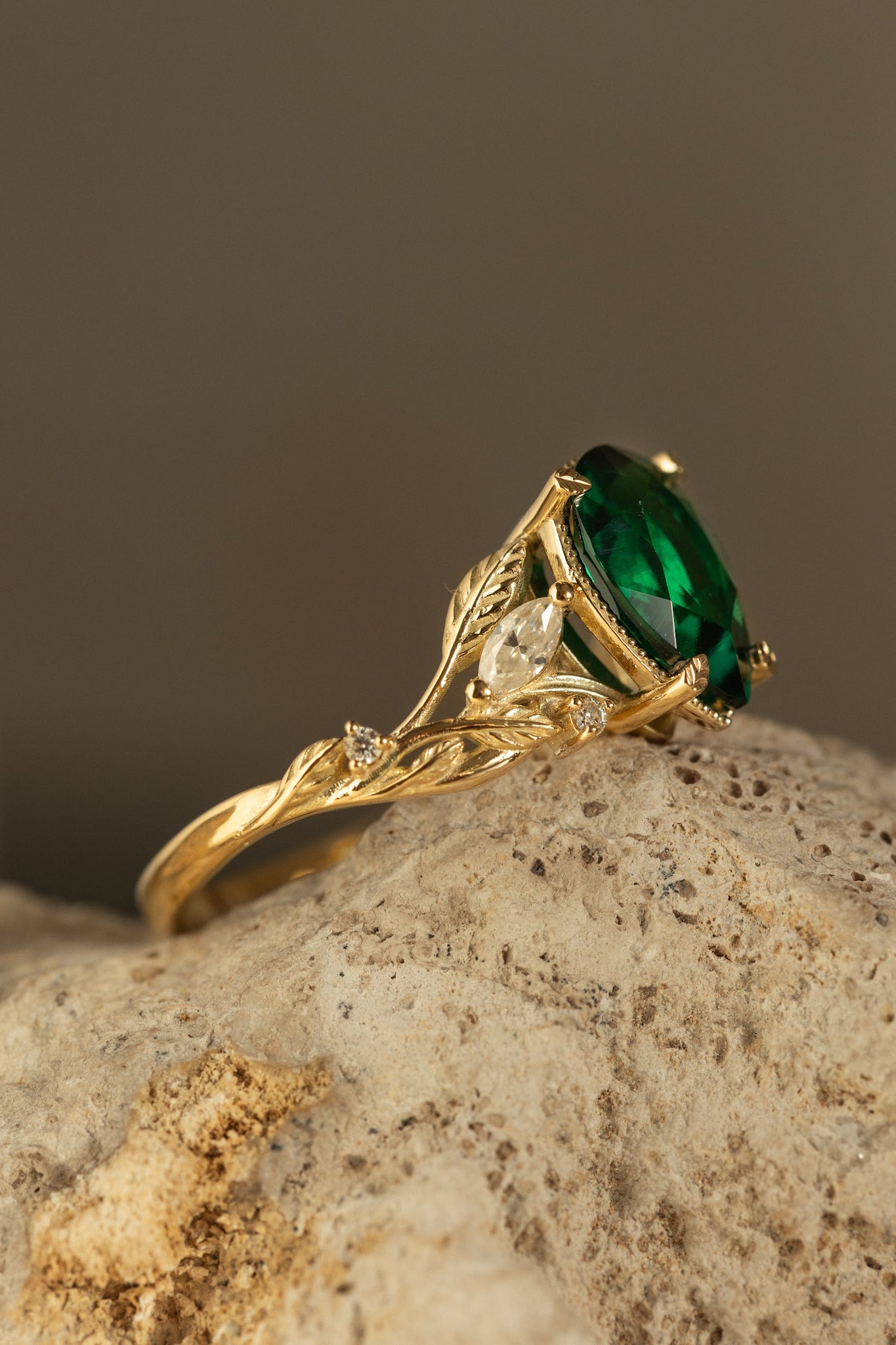 Big lab emerald twig engagement ring, yellow gold leaf ring with marquise cut diamonds  / Patricia - Eden Garden Jewelry™