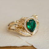 1 carat lab emerald engagement ring, gold nature inspired ring with diamond halo / Adonis halo - Eden Garden Jewelry™