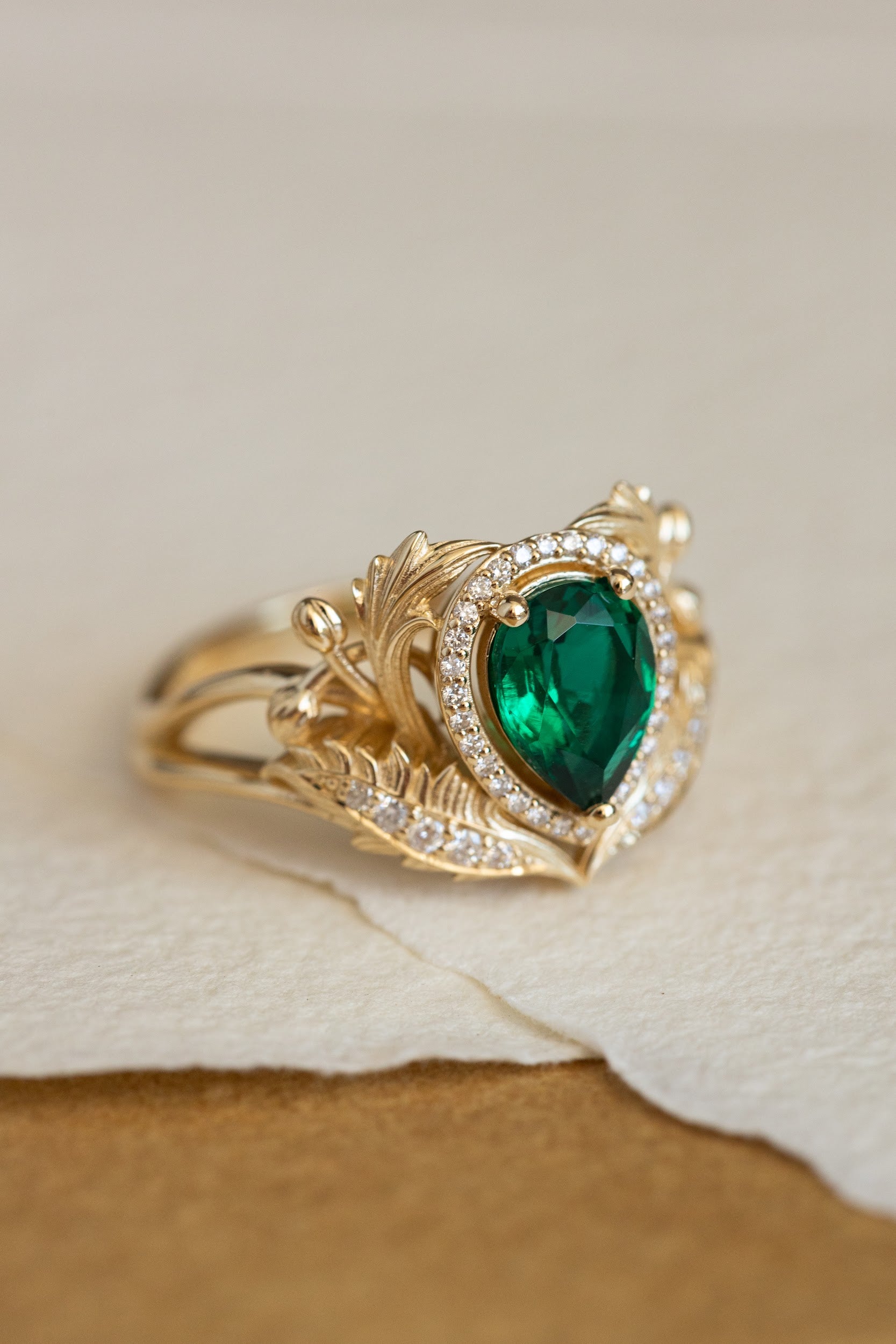 1 carat lab emerald engagement ring, gold nature inspired ring with diamond halo / Adonis halo - Eden Garden Jewelry™