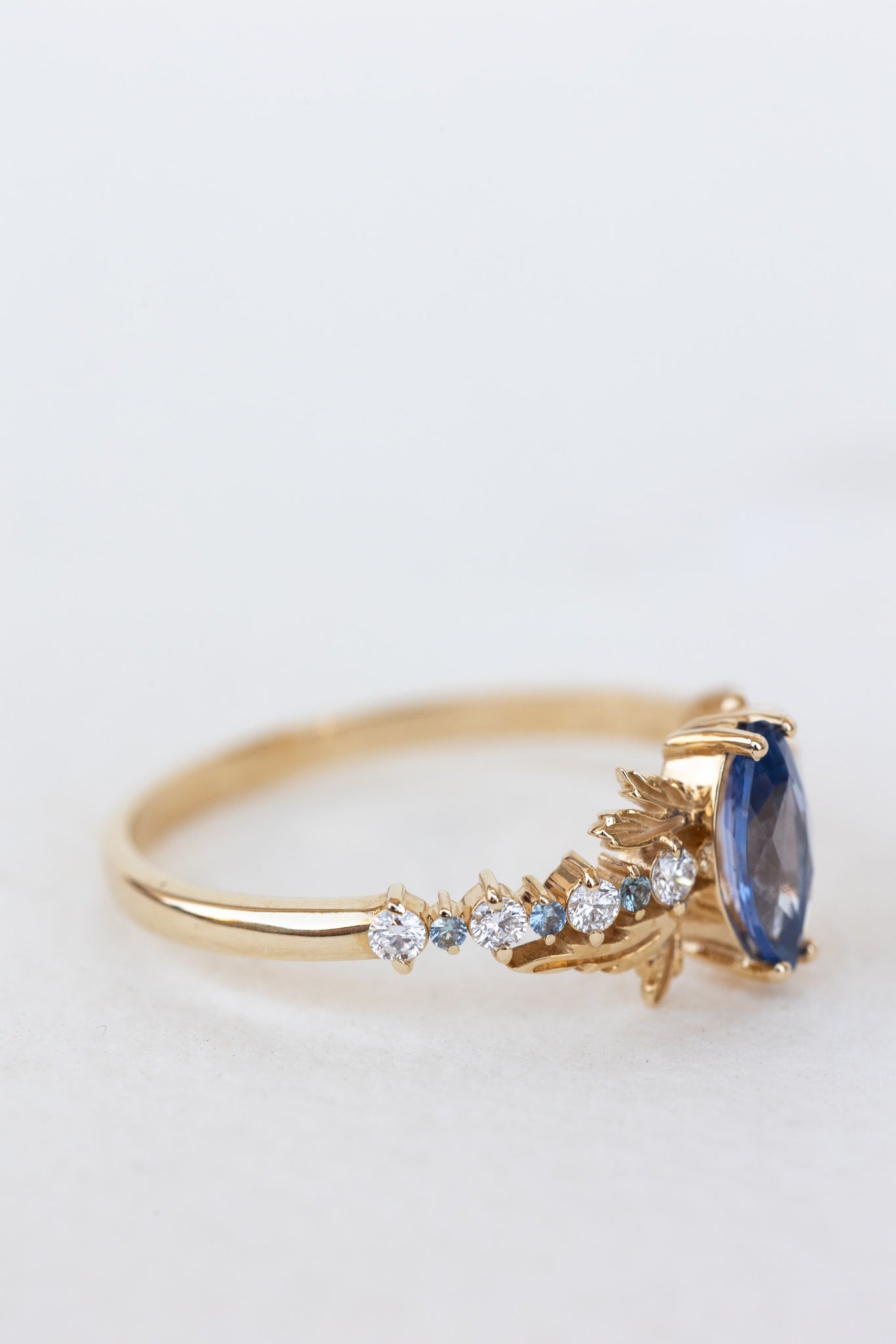 READY TO SHIP: Verbena engagement ring in 14K yellow gold with natural blue sapphire and mixed accent gems, AVAILABLE RING SIZES: 8 US