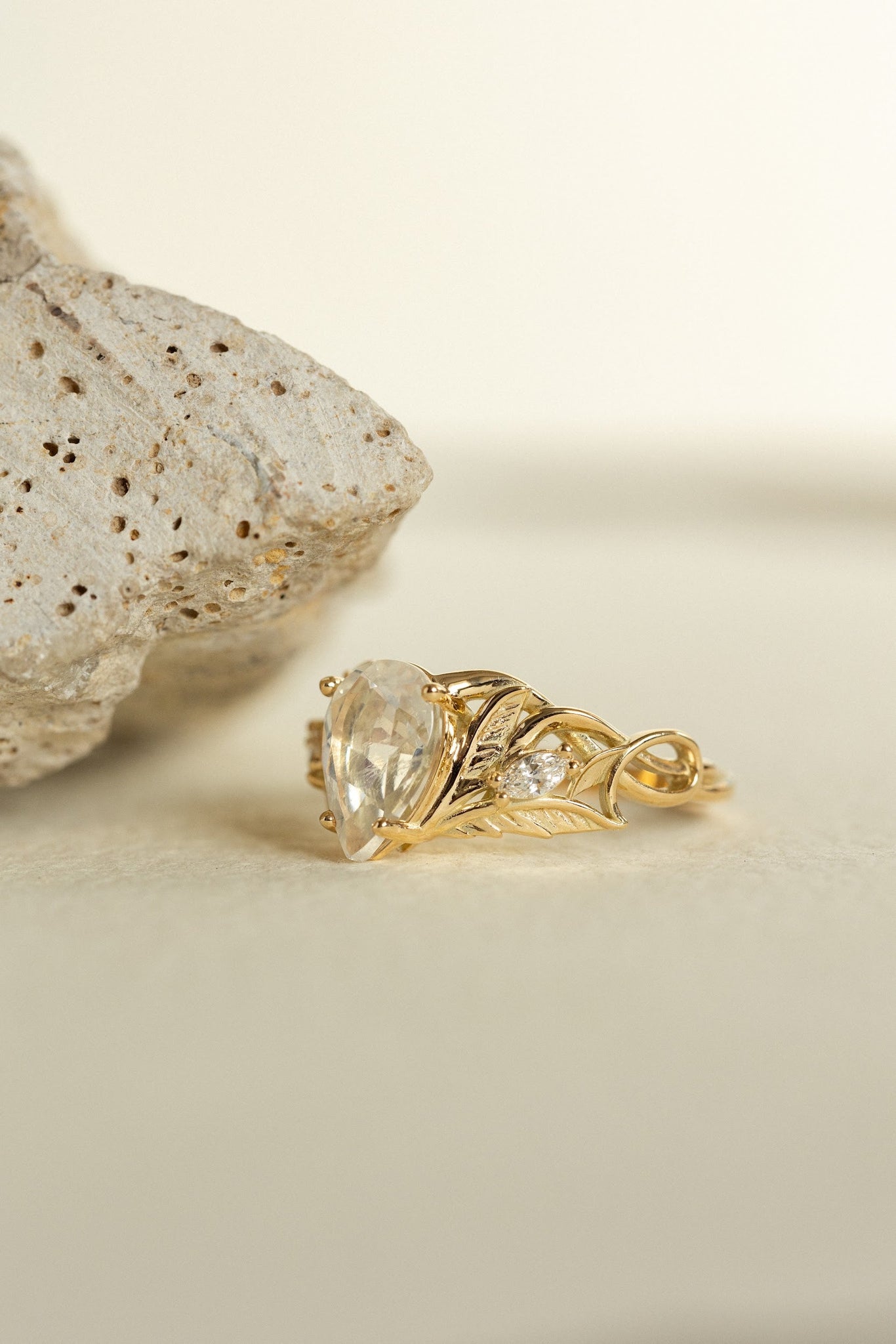 Big teardrop moonstone engagement ring, nature themed proposal ring / Ikar - Eden Garden Jewelry™
