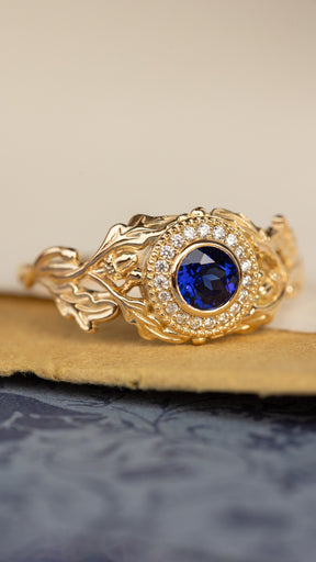 Halo diamond and lab blue sapphire engagement ring, celtic ring with oak leaves and diamonds / Dair - Eden Garden Jewelry™