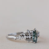 READY TO SHIP: Verbena ring in 18K white gold, natural moss agate marquise cut 8x4 mm, accents lab grown diamonds, RING SIZE: 5.5 - 8.5 US