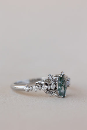 READY TO SHIP: Verbena ring in 14K or 18K white gold, natural moss agate marquise cut 8x4 mm, accents lab grown diamonds, RING SIZE: 7 US