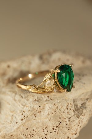 Big lab emerald twig engagement ring, yellow gold leaf ring with marquise cut diamonds  / Patricia - Eden Garden Jewelry™