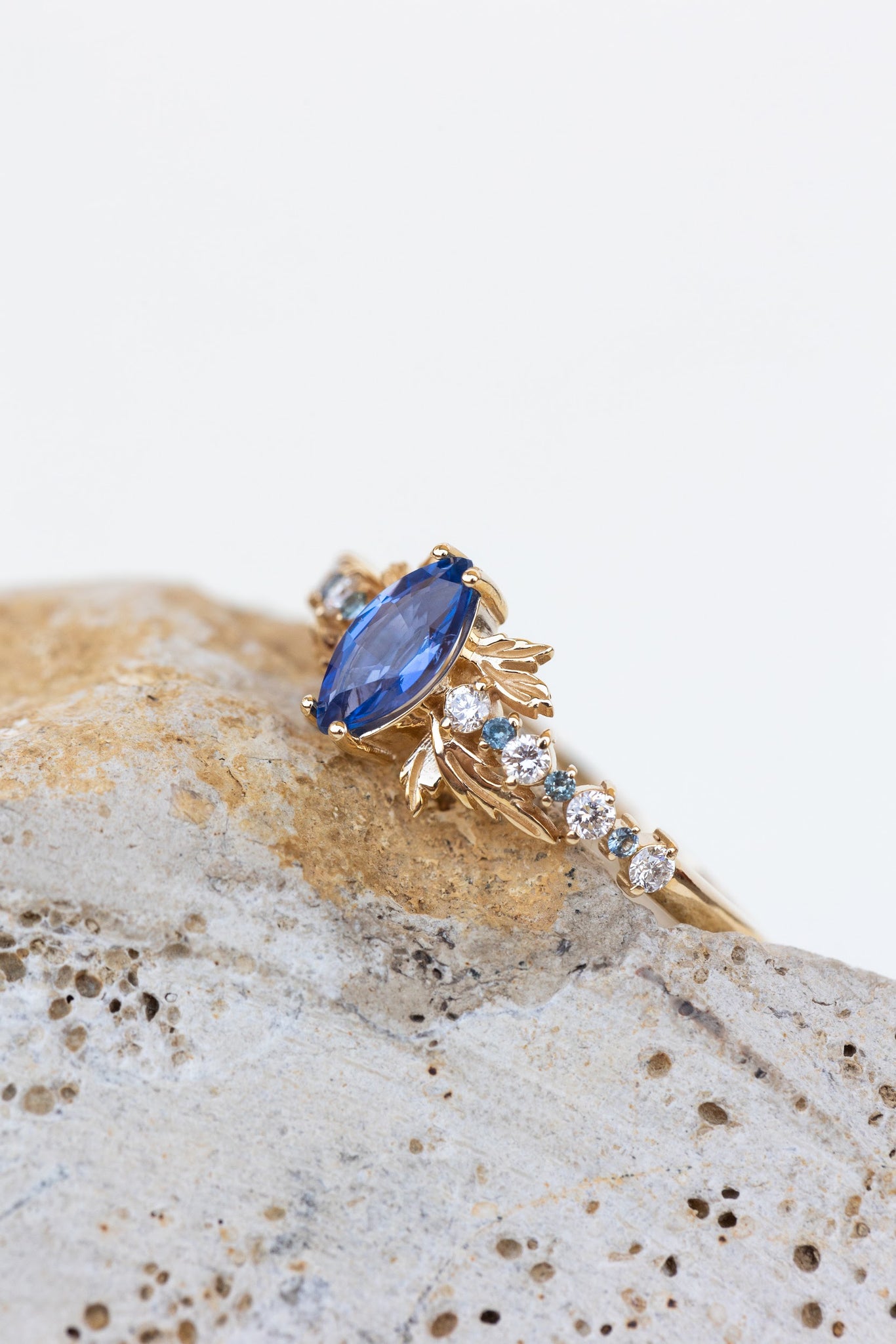 READY TO SHIP: Verbena engagement ring in 14K yellow gold with natural blue sapphire and mixed accent gems, AVAILABLE RING SIZES: 8 US