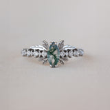 READY TO SHIP: Verbena ring in 18K white gold, natural moss agate marquise cut 8x4 mm, accents lab grown diamonds, RING SIZE: 5.5 - 8.5 US