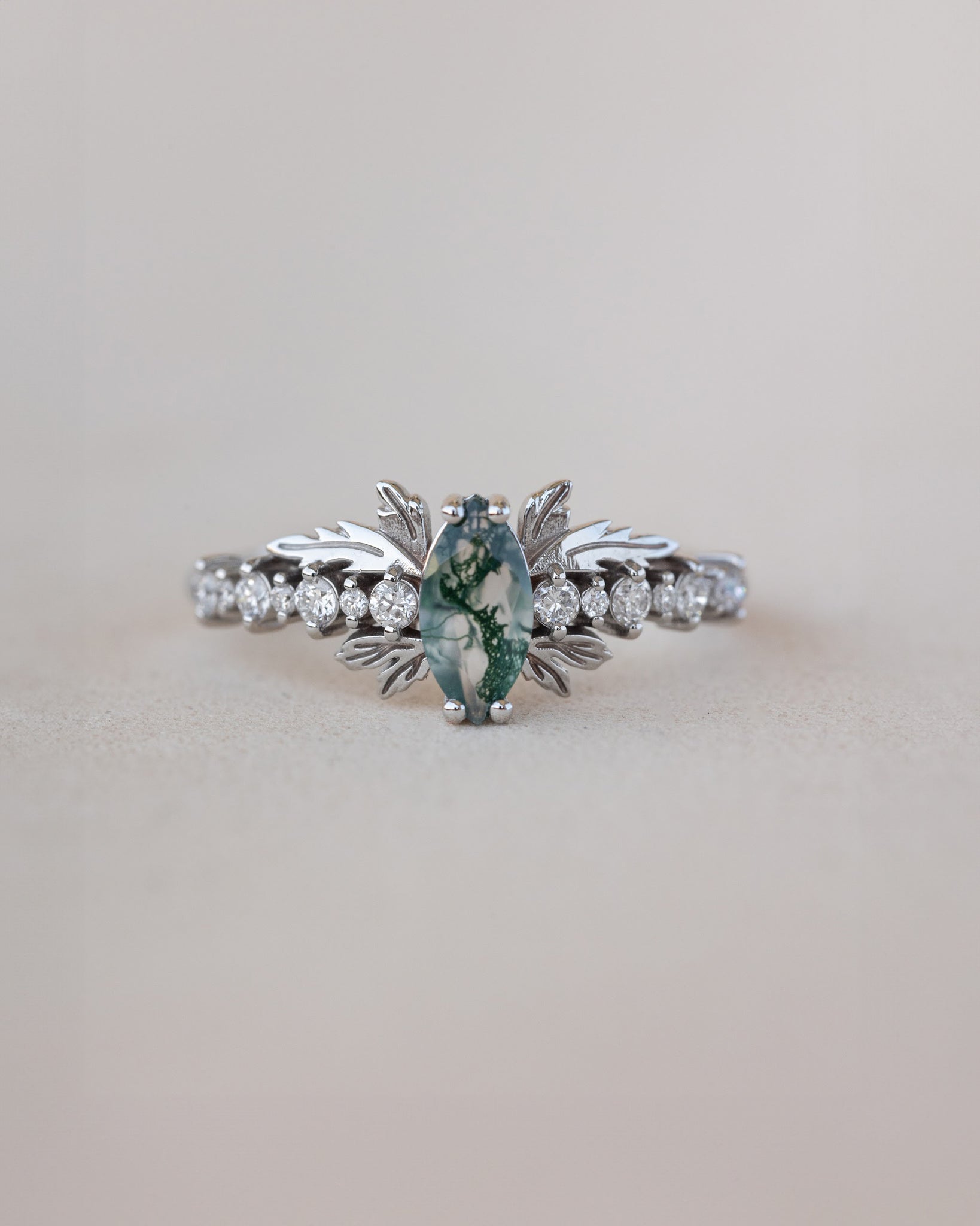 READY TO SHIP: Verbena ring in 18K white gold, natural moss agate marquise cut 8x4 mm, accents lab grown diamonds, RING SIZE: 5.5 - 8.5 US