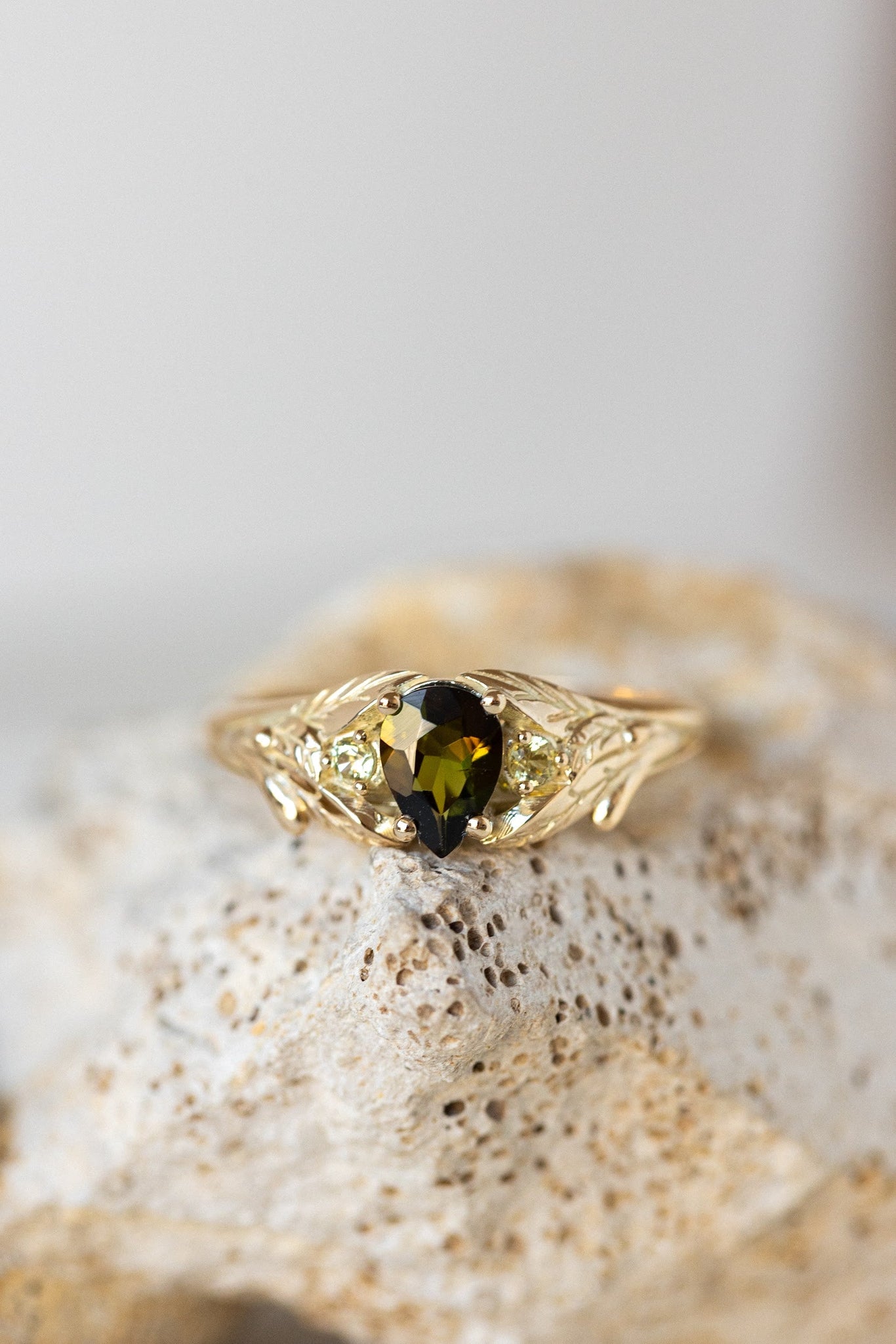 Green tourmaline engagement ring, gold leaf ring with side yellow sapphires / Wisteria - Eden Garden Jewelry™