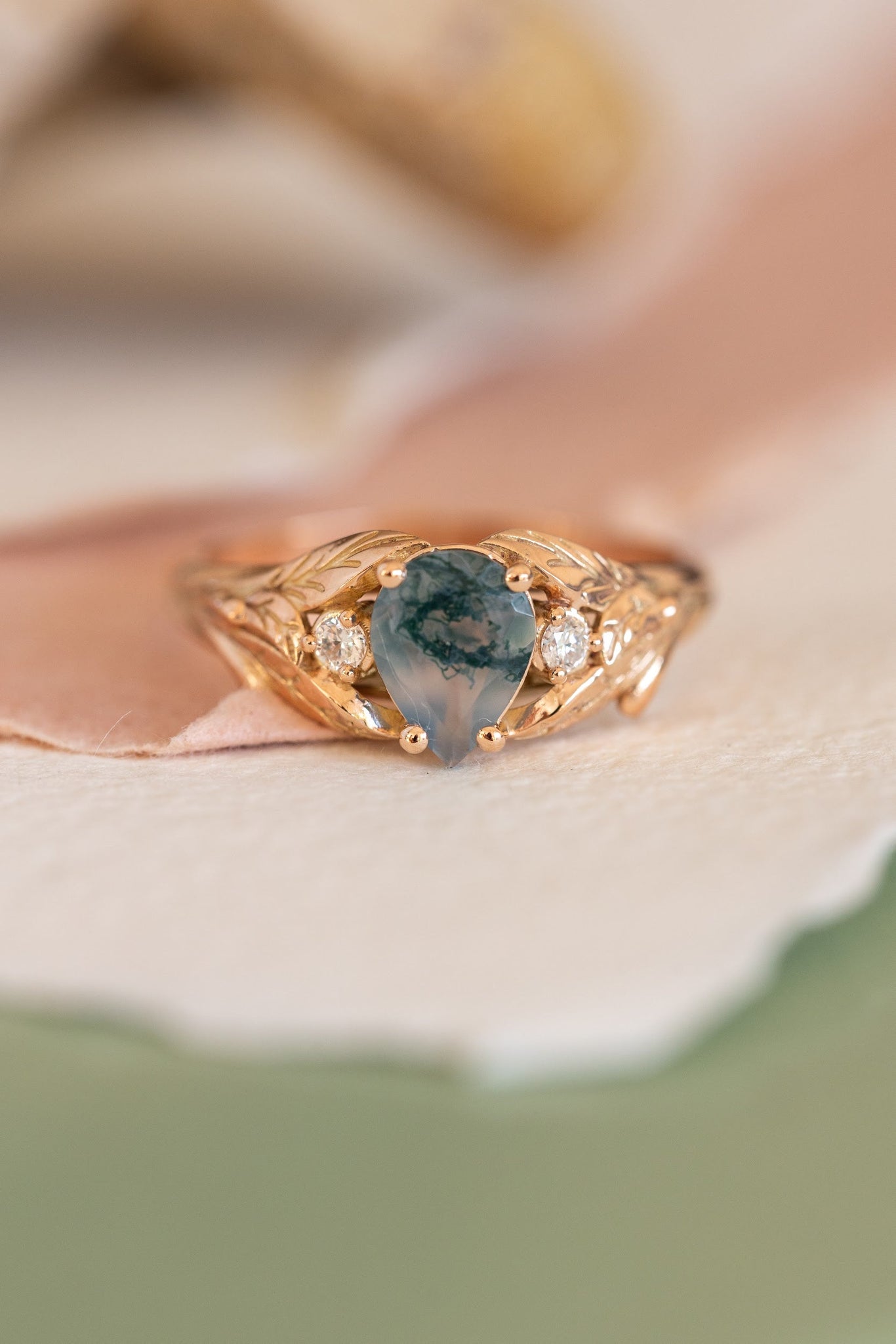Unique moss agate engagement ring, rose gold engagement ring with accent diamonds / Wisteria - Eden Garden Jewelry™