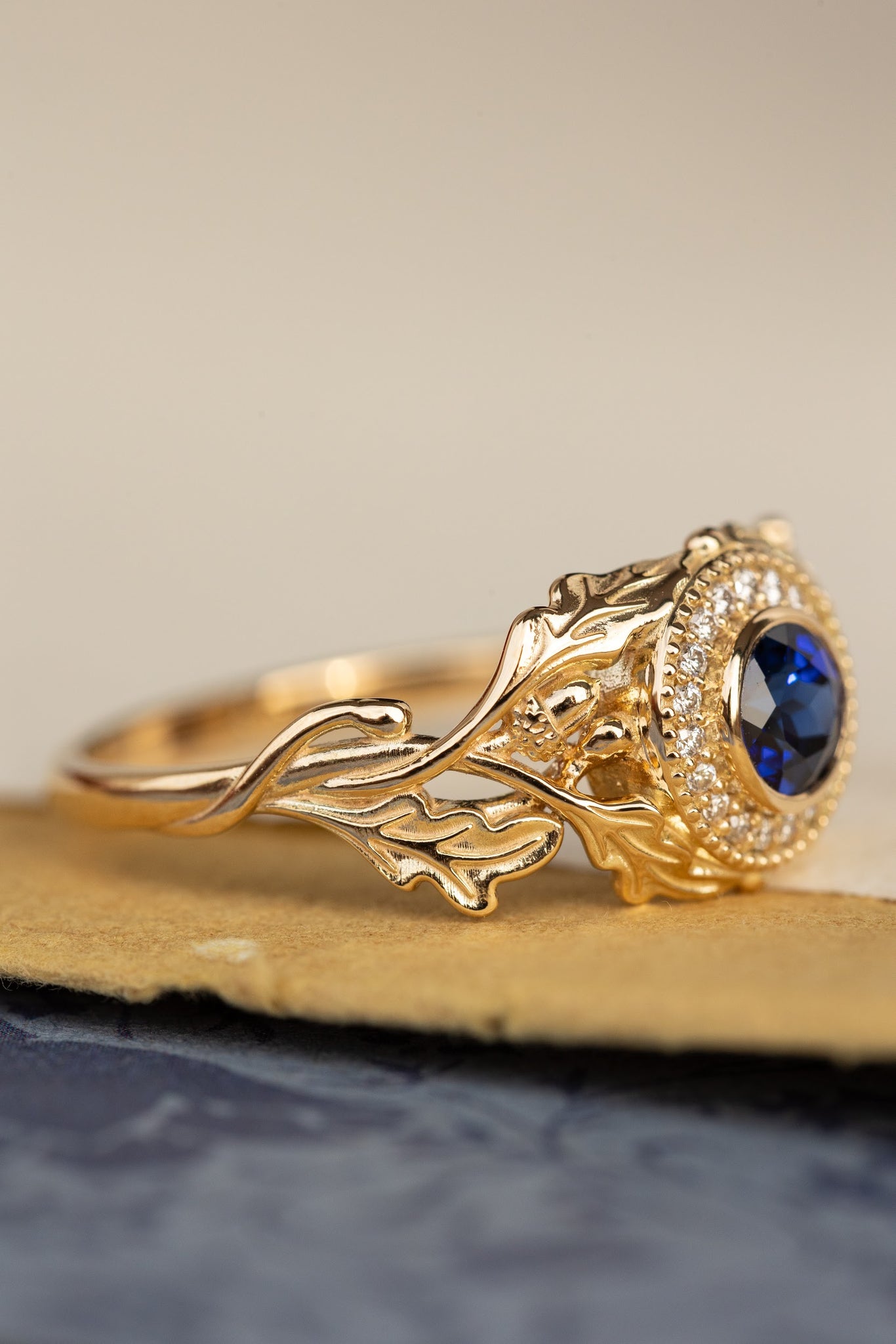 Halo diamond and lab blue sapphire engagement ring, celtic ring with oak leaves and diamonds / Dair - Eden Garden Jewelry™