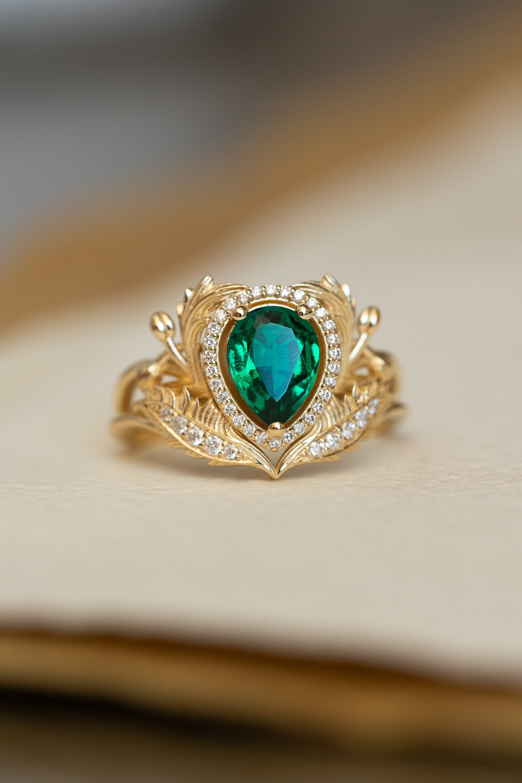 1 carat lab emerald engagement ring, gold nature inspired ring with diamond halo / Adonis halo - Eden Garden Jewelry™