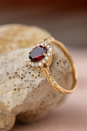 Oval garnet engagement ring with diamond halo, solid gold leaf ring / Florentina - Eden Garden Jewelry™