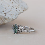 READY TO SHIP: Verbena ring in 18K white gold, natural moss agate marquise cut 8x4 mm, accents lab grown diamonds, RING SIZE: 5.5 - 8.5 US