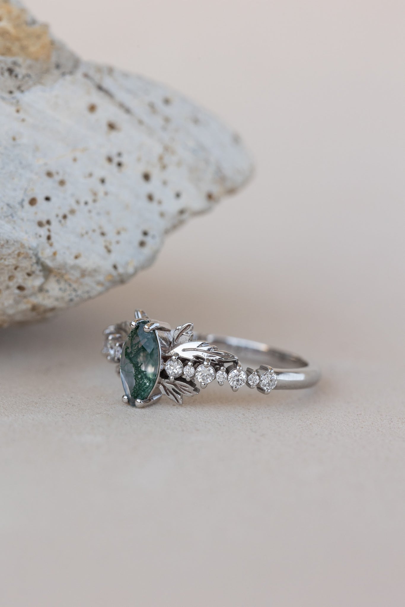 READY TO SHIP: Verbena ring in 14K or 18K white gold, natural moss agate marquise cut 8x4 mm, accents lab grown diamonds, RING SIZE: 7 US