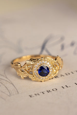 Halo diamond and lab blue sapphire engagement ring, celtic ring with oak leaves and diamonds / Dair - Eden Garden Jewelry™