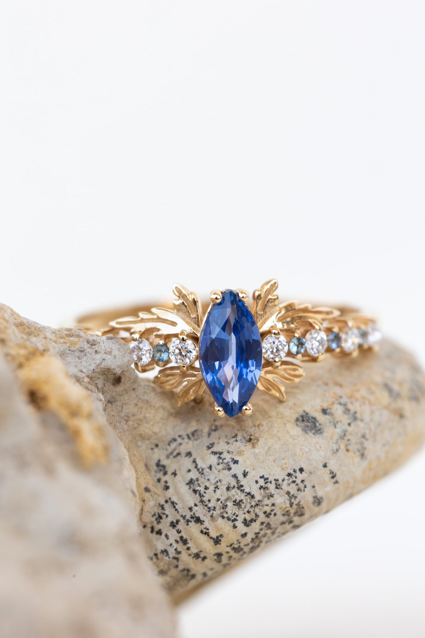 READY TO SHIP: Verbena engagement ring in 14K yellow gold with natural blue sapphire and mixed accent gems, AVAILABLE RING SIZES: 8 US