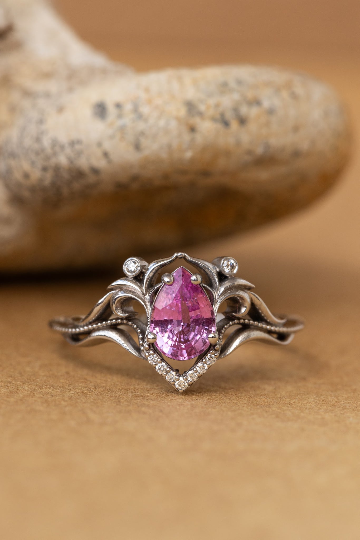 READY TO SHIP: Lida art nouveau engagement ring in 14K white gold, natural pink sapphire with natural diamonds, RING SIZE: 7.25 US