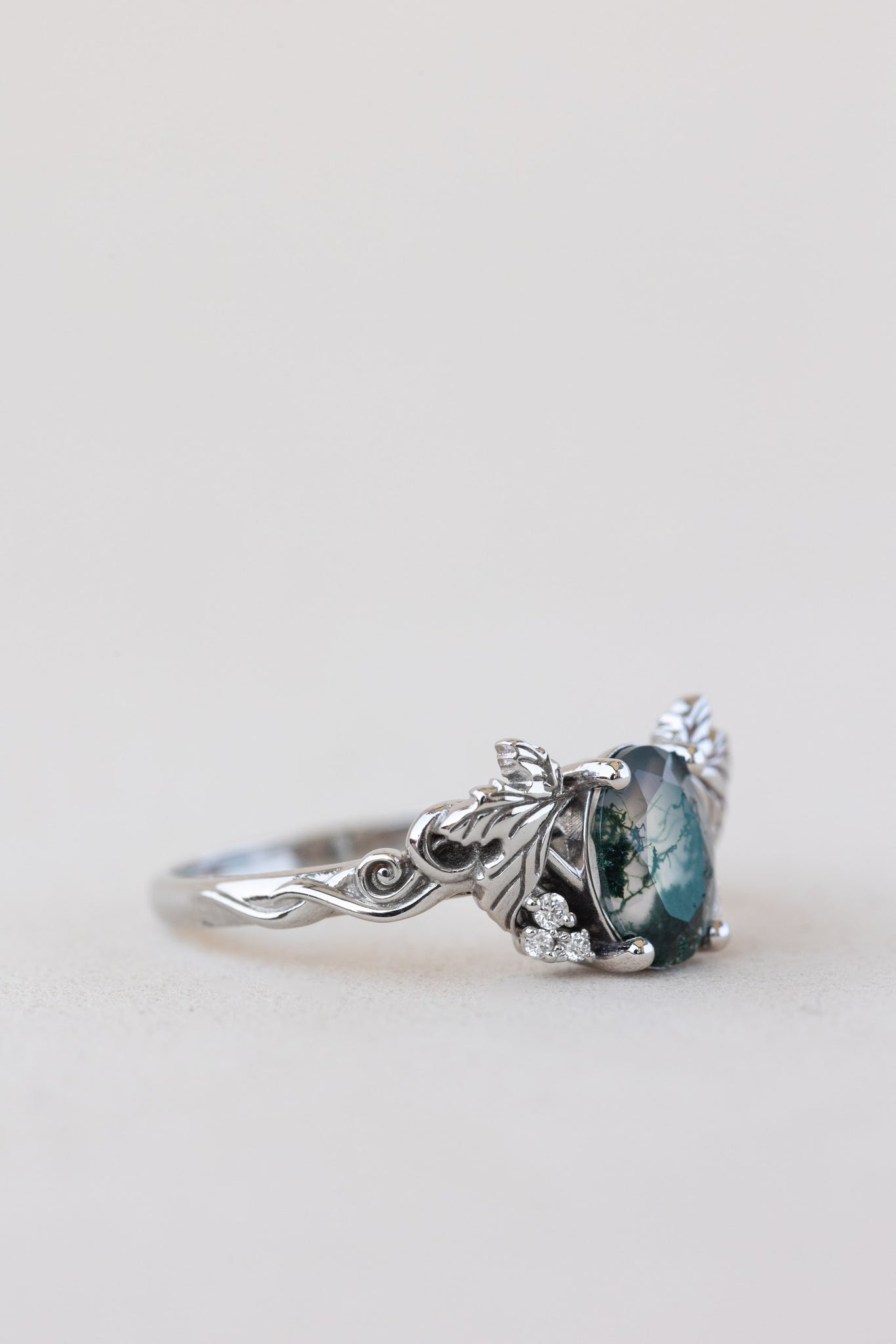 READY TO SHIP: Vineyard engagement ring in 14K white gold, oval moss agate, accents lab grown diamonds, RING SIZE: 7 US