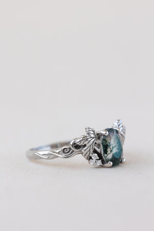 READY TO SHIP: Vineyard engagement ring in 14K white gold, oval moss agate, accents lab grown diamonds, RING SIZE: 7 US