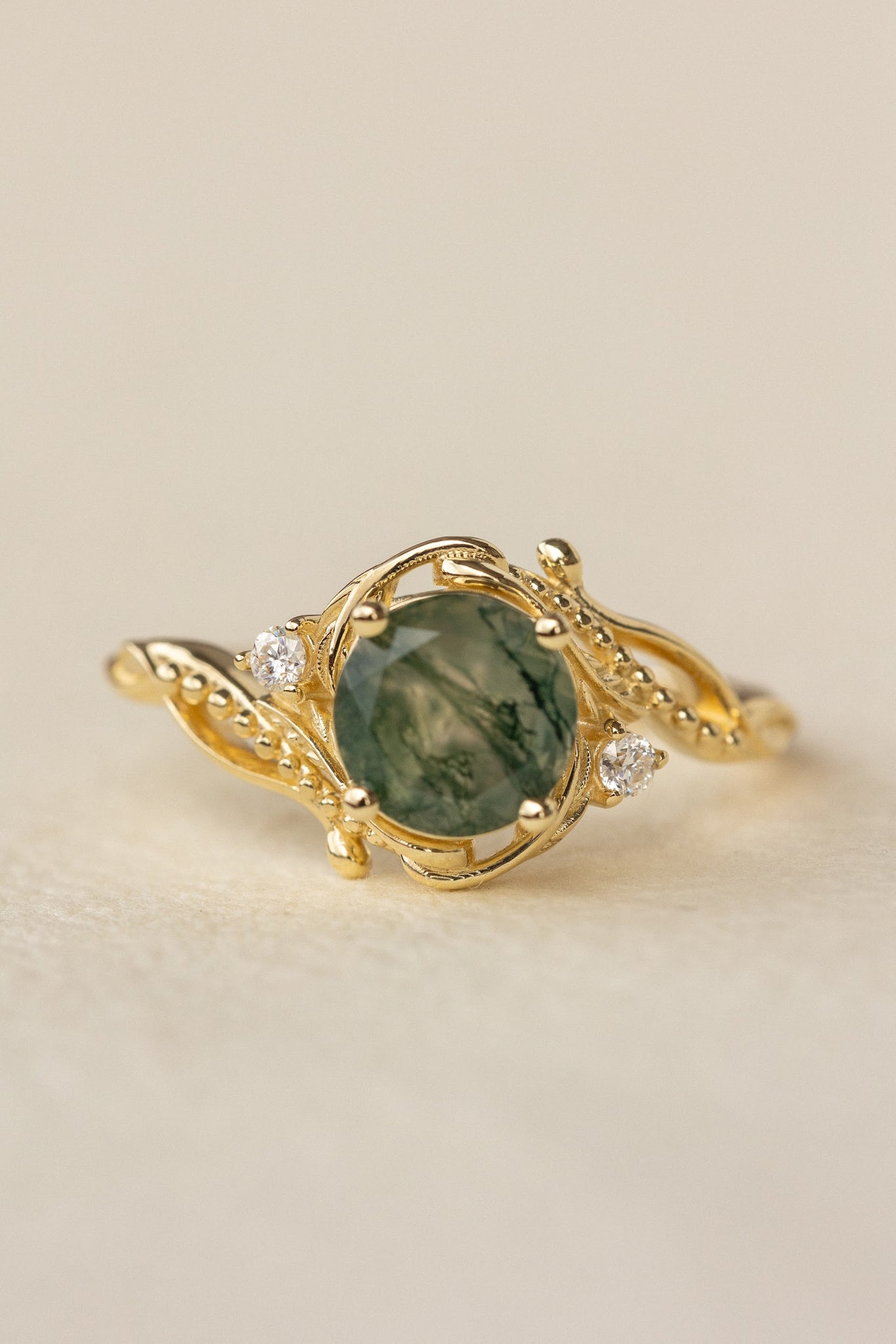 Round moss agate engagement ring with accent diamonds, nature themed proposal ring with diamonds  / Undina - Eden Garden Jewelry™