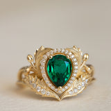 1 carat lab emerald engagement ring, gold nature inspired ring with diamond halo / Adonis halo - Eden Garden Jewelry™