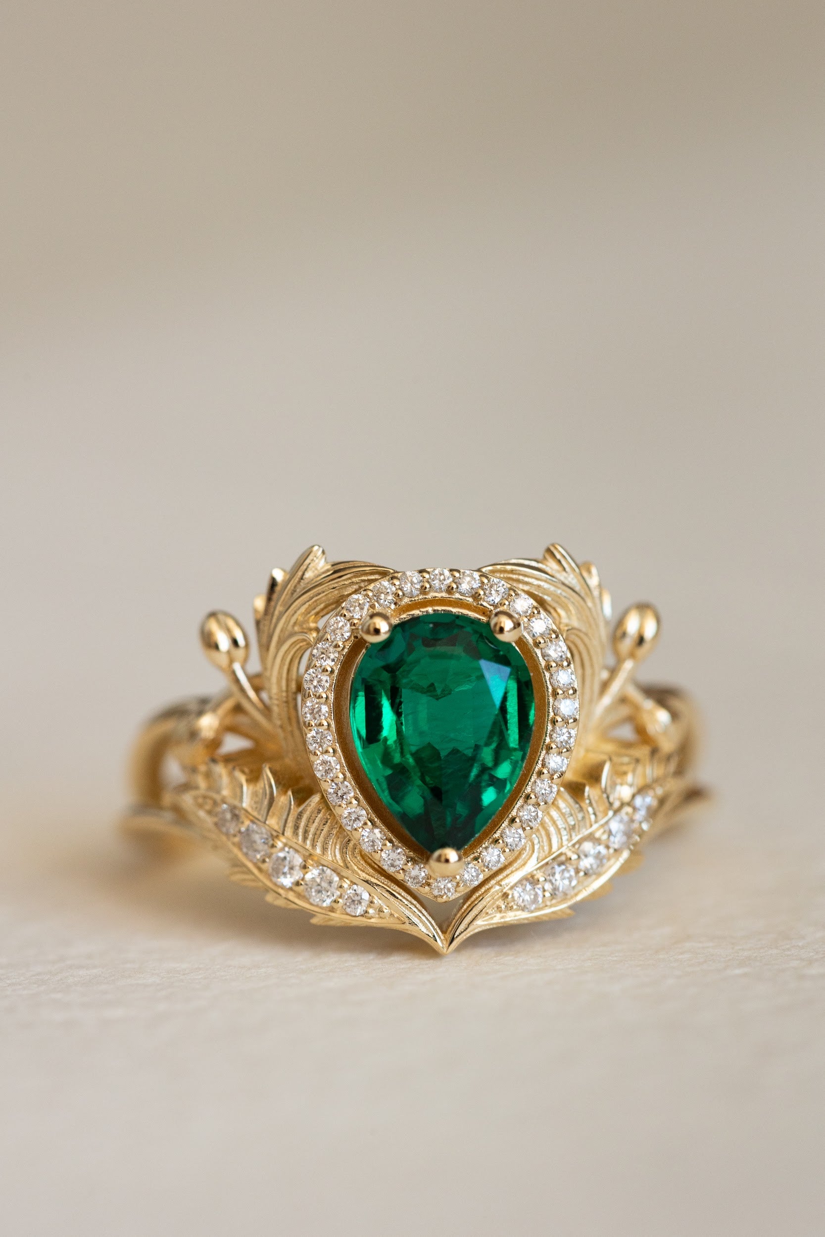 1 carat lab emerald engagement ring, gold nature inspired ring with diamond halo / Adonis halo - Eden Garden Jewelry™