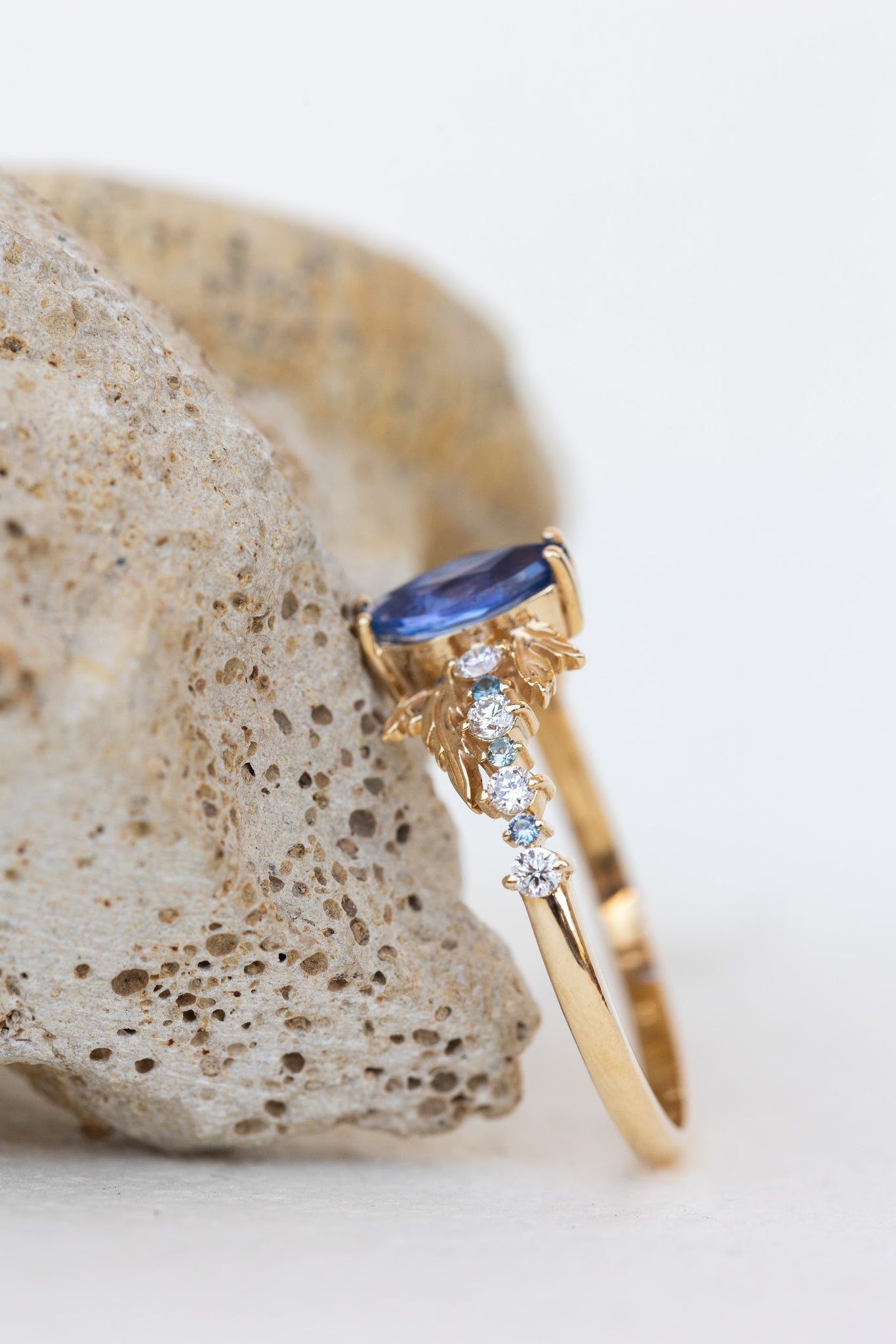 READY TO SHIP: Verbena engagement ring in 14K yellow gold with natural blue sapphire and mixed accent gems, AVAILABLE RING SIZES: 8 US