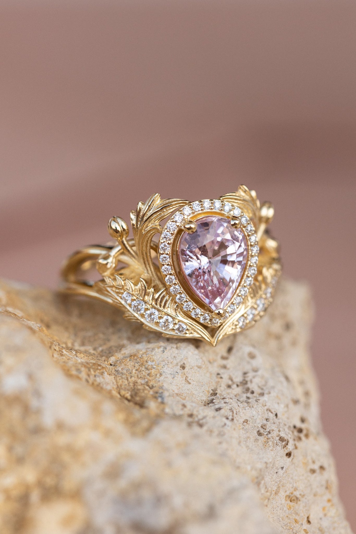 Pear pink sapphire engagement ring, gold nature inspired ring with diamond halo / Adonis halo - Eden Garden Jewelry™