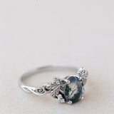 READY TO SHIP: Vineyard engagement ring in 14K white gold, oval moss agate, accents lab grown diamonds, RING SIZE: 5.5 - 8.5 US