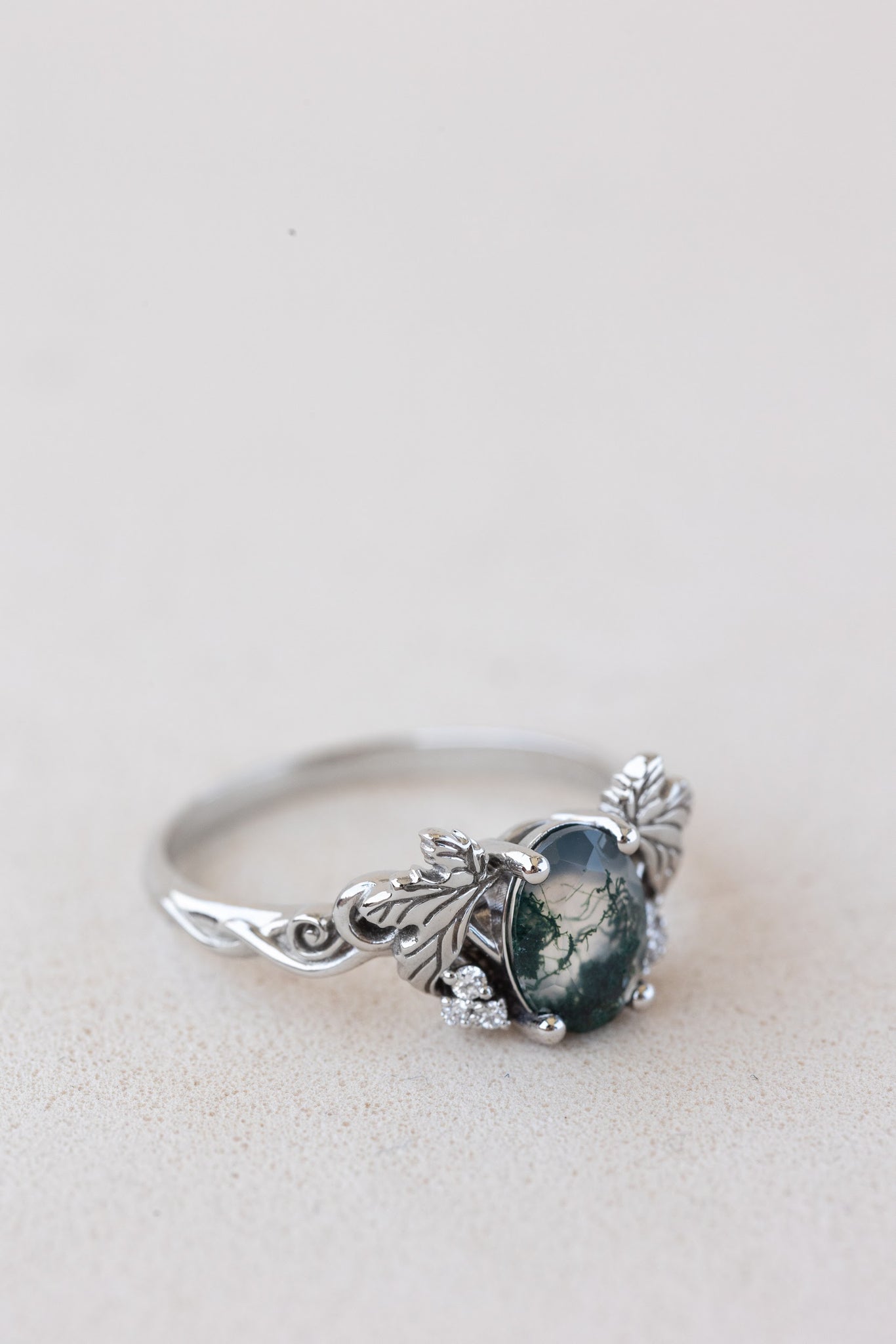 READY TO SHIP: Vineyard engagement ring in 14K white gold, oval moss agate, accents lab grown diamonds, RING SIZE: 7 US