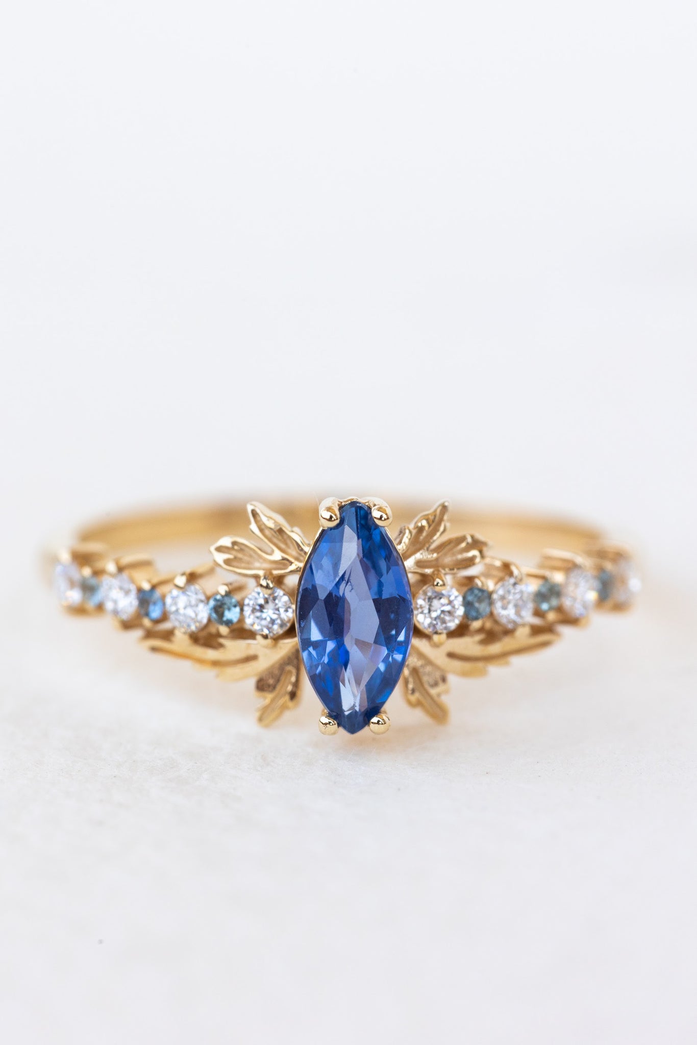 READY TO SHIP: Verbena engagement ring in 14K yellow gold with natural blue sapphire and mixed accent gems, AVAILABLE RING SIZES: 8 US