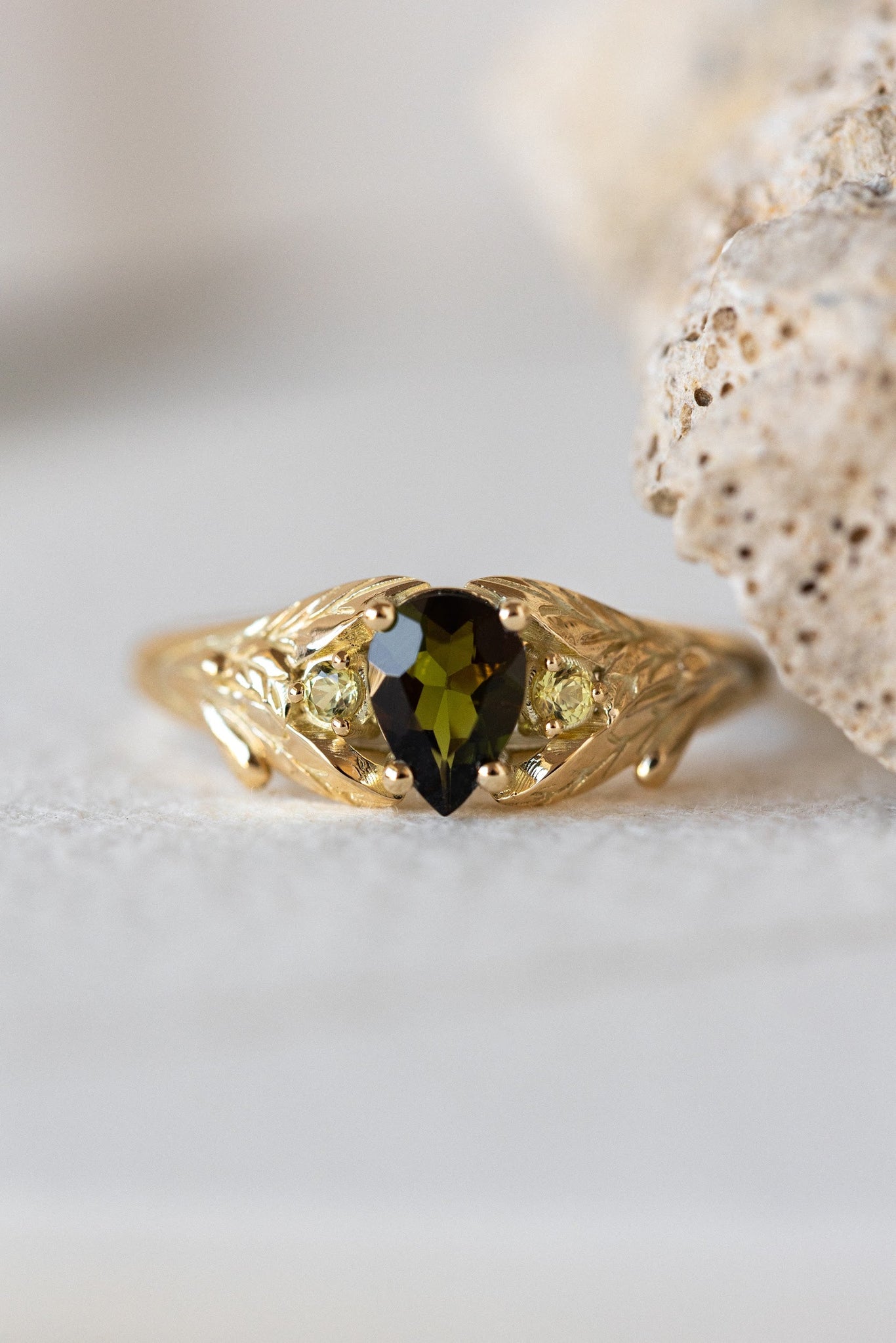 Green tourmaline engagement ring, gold leaf ring with side yellow sapphires / Wisteria - Eden Garden Jewelry™