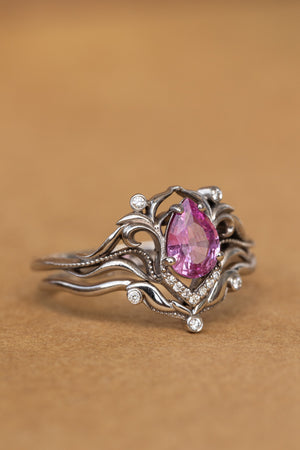 READY TO SHIP: Lida art nouveau engagement ring in 14K white gold, natural pink sapphire with natural diamonds, RING SIZE: 7.25 US