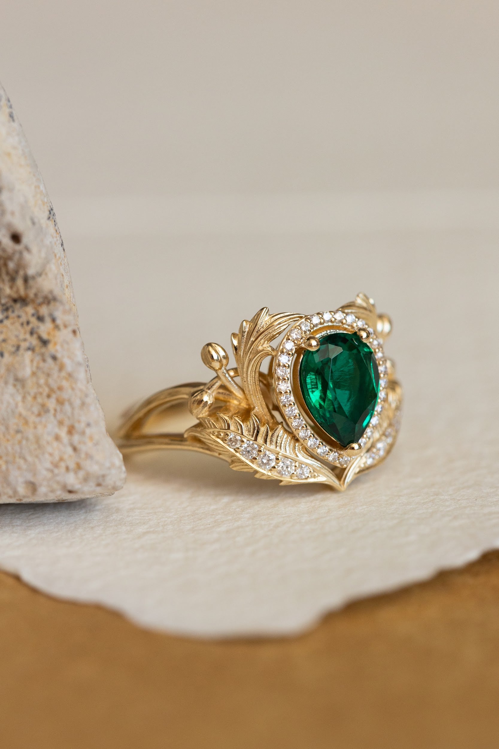 1 carat lab emerald engagement ring, gold nature inspired ring with diamond halo / Adonis halo - Eden Garden Jewelry™