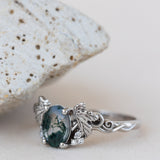 READY TO SHIP: Vineyard engagement ring in 14K white gold, oval moss agate, accents lab grown diamonds, RING SIZE: 5.5 - 8.5 US