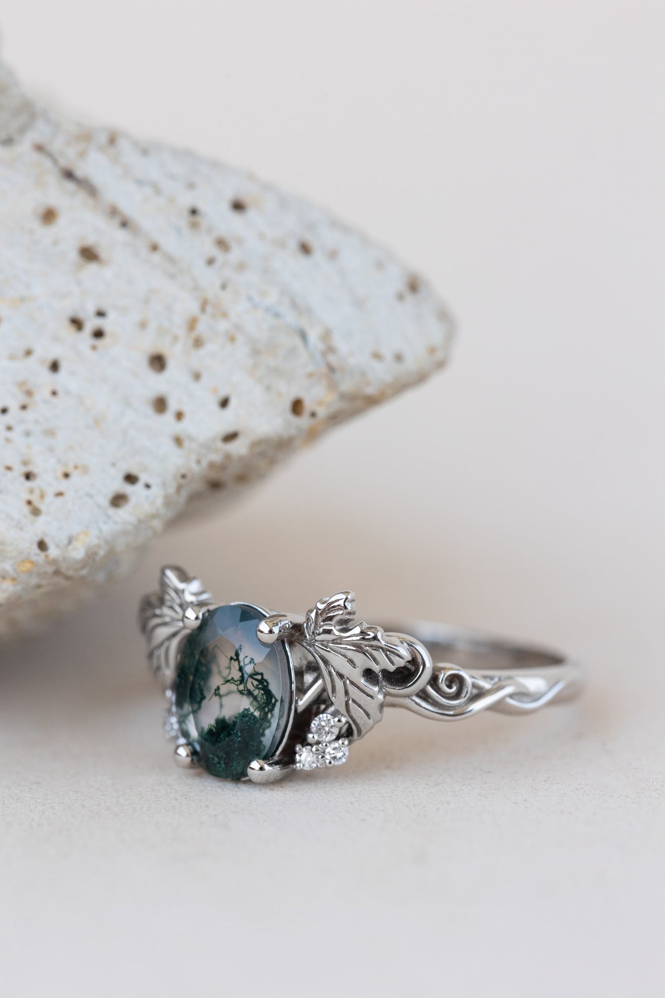 READY TO SHIP: Vineyard engagement ring in 14K white gold, oval moss agate, accents lab grown diamonds, RING SIZE: 7 US