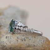 READY TO SHIP: Verbena ring in 18K white gold, natural moss agate marquise cut 8x4 mm, accents lab grown diamonds, RING SIZE: 5.5 - 8.5 US