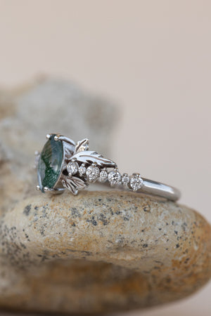 READY TO SHIP: Verbena ring in 14K or 18K white gold, natural moss agate marquise cut 8x4 mm, accents lab grown diamonds, RING SIZE: 7 US