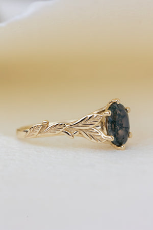 READY TO SHIP: Freesia in 14K yellow gold, oval cut natural moss agate, AVAILABLE RING SIZES: 6.5 US