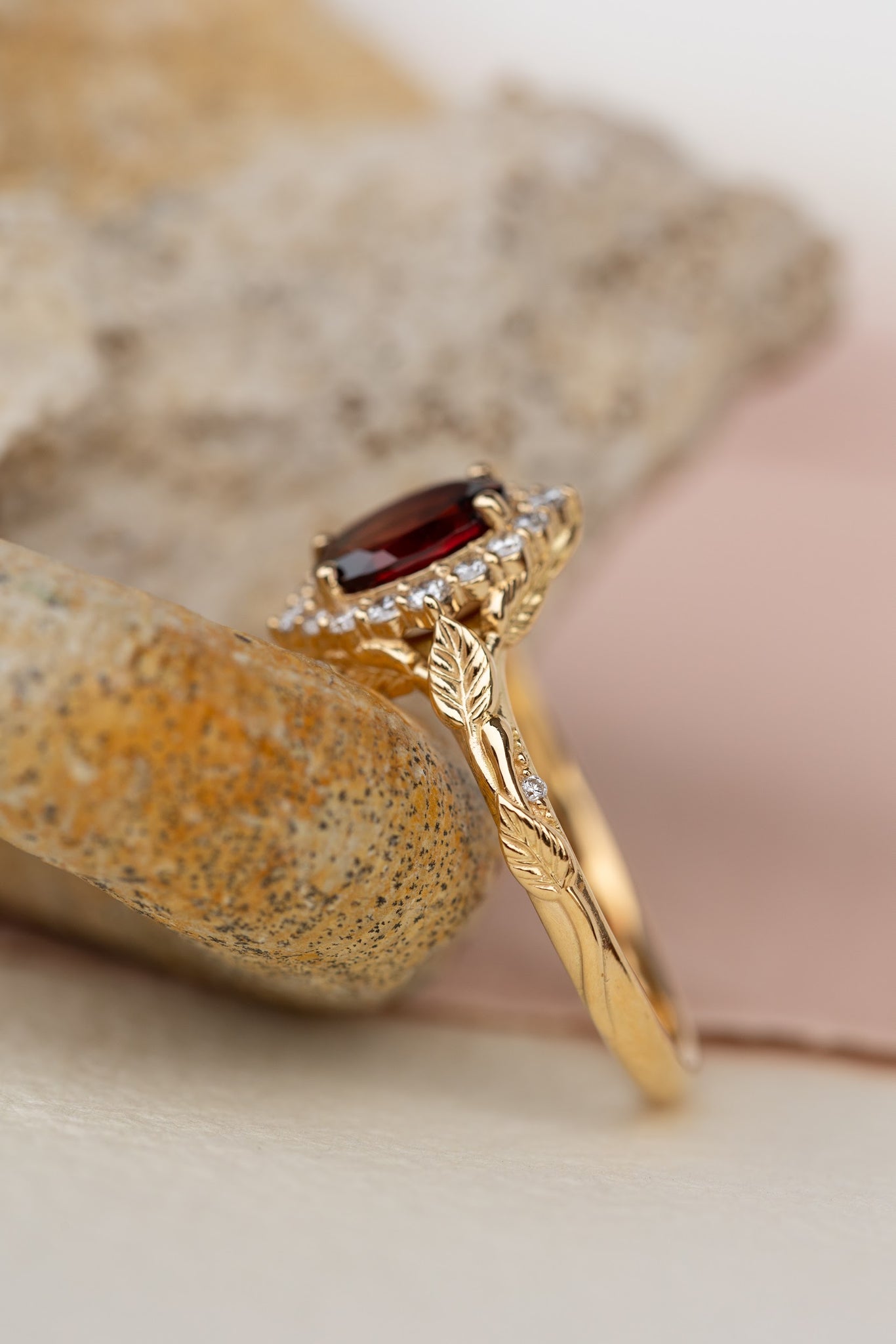 Oval garnet engagement ring with diamond halo, solid gold leaf ring / Florentina - Eden Garden Jewelry™