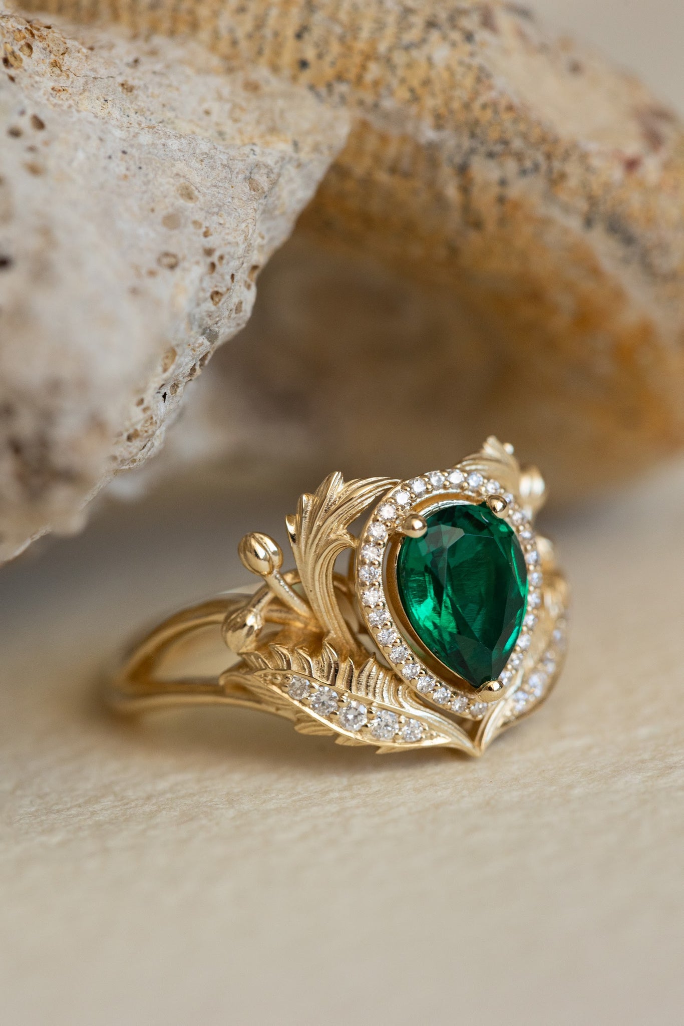 1 carat lab emerald engagement ring, gold nature inspired ring with diamond halo / Adonis halo - Eden Garden Jewelry™