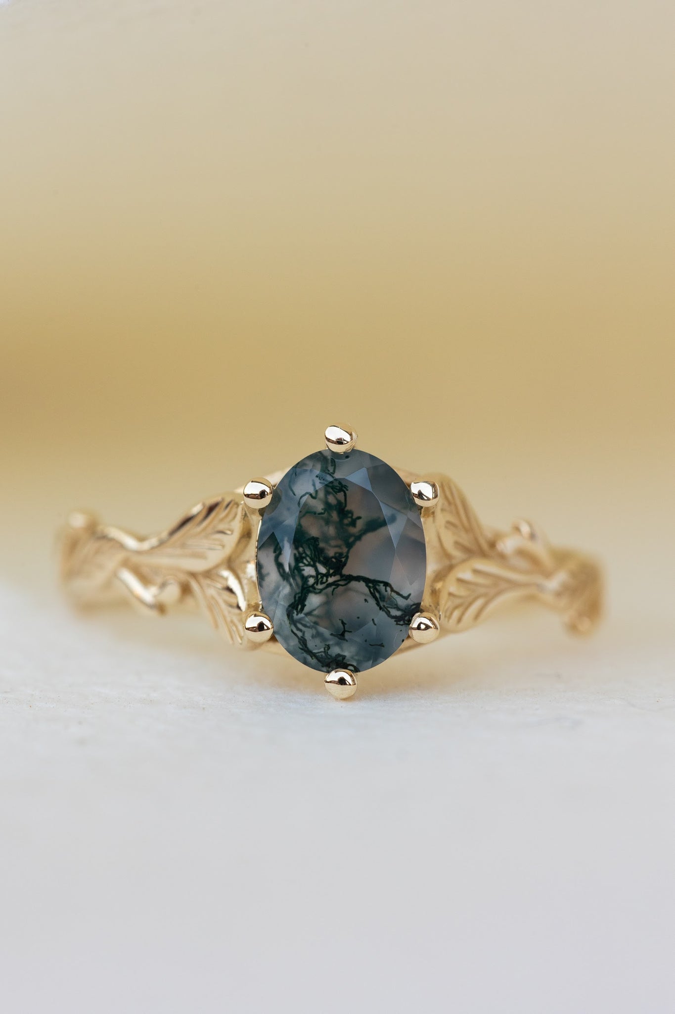 Natural moss agate gold leaf engagement ring, oval cut gemstone proposal ring / Freesia