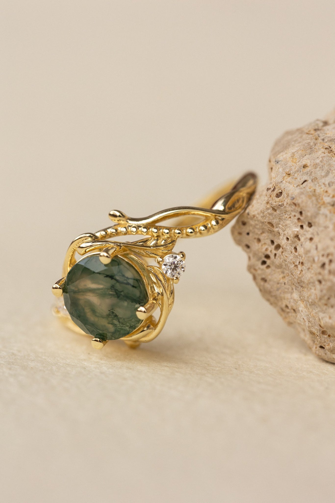 Round moss agate engagement ring with accent diamonds, nature themed proposal ring with diamonds  / Undina - Eden Garden Jewelry™