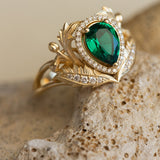 1 carat lab emerald engagement ring, gold nature inspired ring with diamond halo / Adonis halo - Eden Garden Jewelry™